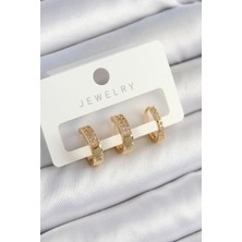 Pirinç Zirkon Taşlı Halka Model Gold Renk 3'lü Çift Kadın Küpe Set