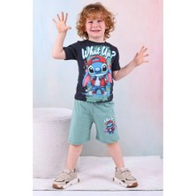 Pjkskt Stitch What Up Desenli Yeşil Şortlu Erkek Çocuk Kısa Kol Takım 7528-Y