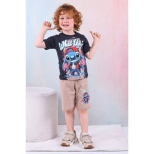 Pjkskt Stitch What Up Desenli Bej Şortlu Erkek Çocuk Kısa Kol Takım 7528-B