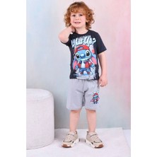 Pjkskt Stitch What Up Desenli Gri Şortlu Erkek Çocuk Kısa Kol Takım 7528-G