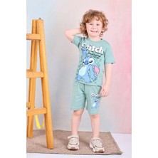 Pjkskt Stitch Desenli Yeşil Şortlu Erkek Çocuk Kısa Kol Takım 7563-Y