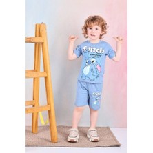 Pjkskt Stitch Desenli Mavi Şortlu Erkek Çocuk Kısa Kol Takım 7563-M