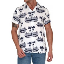 Beyaz Üzerine Lacivert Pamliyeli Viskon Hawaii Oversize Rahat Kesim Kısa Kollu Salaş Gömlek
