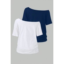 Lacivert Beyaz 2li Paket Kadın Düşük Omuz Kayık Yaka Oversize T-Shirt