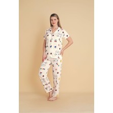 Kadın Önden Düğmeli Pijama Takımı Kedi Baskılı
