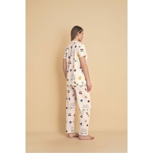 Kadın Önden Düğmeli Pijama Takımı Kedi Baskılı