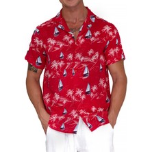 Kırmızı Mavi Beyaz Denizci Yelken Baskılı Hawaii Oversize Rahat Kesim Kısa Kollu Salaş Gömlek