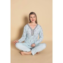 Kadın Homewear Bambu Pijama Takımı Uzunkol Üç Düğmeli Yaka Güpür Detaylı