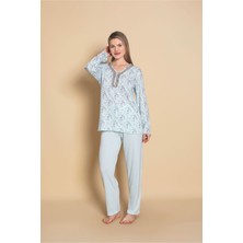 Kadın Homewear Bambu Pijama Takımı Uzunkol Üç Düğmeli Yaka Güpür Detaylı