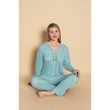 Kadın Homewear Bambu Pijama Takımı Uzunkol Üç Düğmeli Yaka Güpür Detaylı