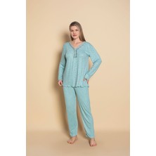 Kadın Homewear Bambu Pijama Takımı Uzunkol Üç Düğmeli Yaka Güpür Detaylı
