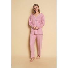 Kadın Homewear Bambu Pijama Takımı Uzunkol Üç Düğmeli Yaka Güpür Detaylı