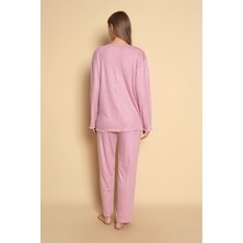 Kadın Homewear Bambu Pijama Takımı Uzunkol Üç Düğmeli Yaka Güpür Detaylı