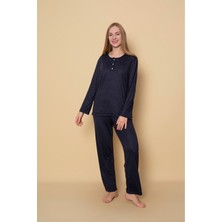 Kadın Homewear Bambu Pijama Takımı Uzunkol Üç Düğmeli Yaka Güpür Detaylı
