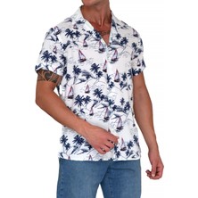 Beyaz Lacivert Denizci Yelken Baskılı Hawaii Oversize Rahat Kesim Kısa Kollu Salaş Gömlek