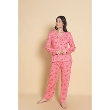 Kadın Homewear Bambu Pijama Takımı Uzunkol Üç Düğmeli Yaka Güpür Detaylı