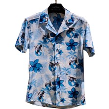 Beyaz Üzerine Mavi Çiçek ve Planör Baskı Hawaii Oversize Rahat Kesim Kısa Kollu Salaş Gömlek