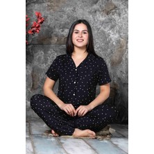 Milan Kumaş Gömlek Yaka  Kısa Kollu Kadın Pijama Takımı Homewear