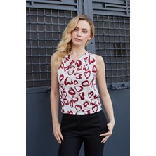 Kadın Likralı Parlak Kumaş Empirme Degaje Yaka Kolsuz Body Bluz-Kırmızı Kalp