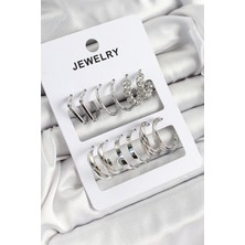 Pirinç Karışık Halka Model Gümüş Renk 6 Çift Kadın Küpe Set