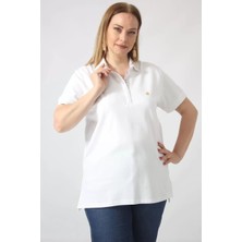 21305 Kısa Kollu Büyük Beden Lakost Kumas T-Shirt Beyaz