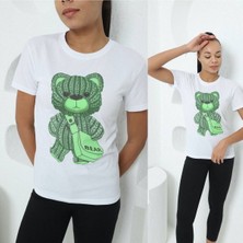 Kadın I'm Yeşil Ayıcık Taş Baskılı T-Shirt Yeni Season