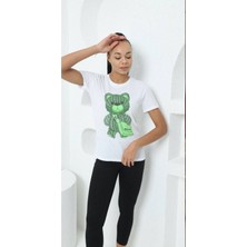 Kadın I'm Yeşil Ayıcık Taş Baskılı T-Shirt Yeni Season
