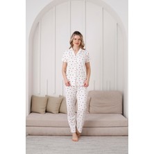 Kadın Milan Kumaş Kiraz Desenli Düğmeli Pijama Takımı 3100-BEYAZ