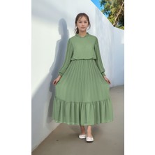 Genç Kız/çocuk Uzun Pliseli Pamuklu Şifon Tesettür ELBISE-ELB-2045