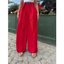 Kırmızı Keten Karışımlı Kemerli Pantolon