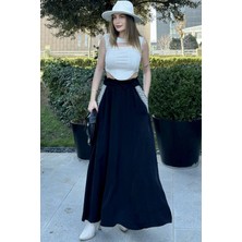 Kadın Siyah Beli Lastikli, Cepleri Hasır Işlemeli, Rahat Kesim, Uzun Kiloş Etek