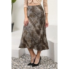 Ritnice Kadın Leopar Midi Saten Etek