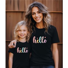 Anne-Kız Hello Baskılı Tişört - Bisiklet Yaka Pamuklu Tişört