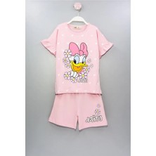 Isob Pembe Daisy Desenli Kolları Fırfırlı %100 Pamuk Kız Çocuk Kısa Kollu Şortlu Takım 3-12 Yaş 23302-P