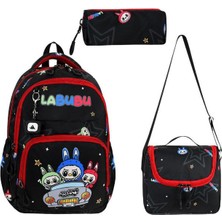 Labubu Ilkokul Çantası 3'lü Set 42*30 cm Beslenme Çantası Kalem Kutusu Ortopedik Su Itici Kumaş
