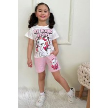 Pjkskt Sevimli Kedicik Desenli Pembe Şortlu Kız Çocuk Kısa Kol Takım 7566-P