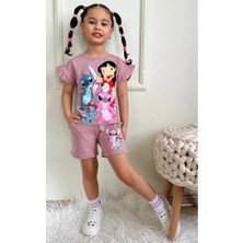Pjkskt Stitch Desenli Gül Kurusu Şortlu Kız Çocuk Kısa Kol Takım 7534-GK