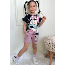 Pjkskt Minnie Mause Desenli Gül Kurusu Şortlu Kız Çocuk Kısa Kol Takım 7551-GK