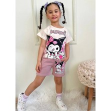 Pjkskt Kuromi Desenli Gül Kurusu Şortlu Kız Çocuk Kısa Kol Takım 7532-GK