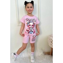 Pjkskt Süslü Ayıcık Desenli Pembe Şortlu Kız Çocuk Kısa Kol Takım 7573-P