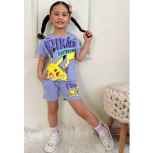 Pjkskt Pikachu Desenli Lila Şortlu Kız Çocuk Kısa Kol Takım 7569-L