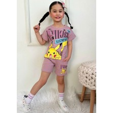 Pjkskt Pikachu Desenli Gül Kurusu Şortlu Kız Çocuk Kısa Kol Takım 7569-GK