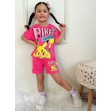 Pjkskt Pikachu Desenli Fuşya Şortlu Kız Çocuk Kısa Kol Takım 7569-F