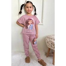 Pjkke Şapkalı Kız Desenli Gül Kurusu Eşofmanlı Kız Çocuk Kısa Kol Takım 3-10 Yaş 7439-GK