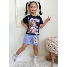 Pjkskt Creamy Desenli Lila Şortlu Kız Çocuk Kısa Kol Takım 7549-L