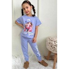 Pjkke Şapkalı Kız Desenli Lila Eşofmanlı Kız Çocuk Kısa Kol Takım 3-10 Yaş 7457-L