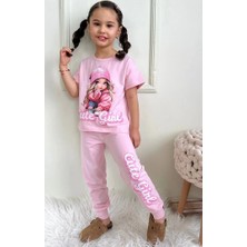 Pjkke Şapkalı Kız Desenli Pembe Eşofmanlı Kız Çocuk Kısa Kol Takım 3-10 Yaş 7457-P