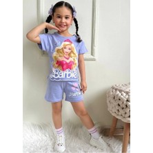Pjkskt Barbie Desenli Lila Şortlu Kız Çocuk Kısa Kol Takım 7553-L