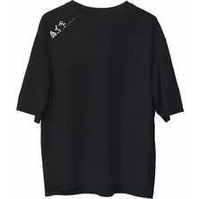 Unisex Bisiklet Yaka Baskılı Oversize T-Shirt - Siyah