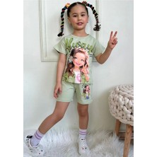 Pjkskt Always Believe Desenli Yeşil Şortlu Kız Çocuk Kısa Kol Takım 7552-Y